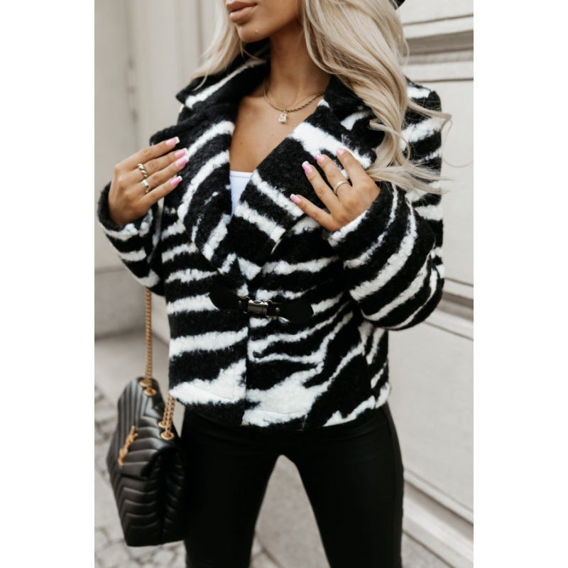 Women's designer fleece jacket with leopard print and elegant button detail NOVAE