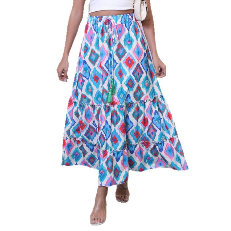 Women's long maxi skirt with cheerful tiered design and elastic waistband NOVAE