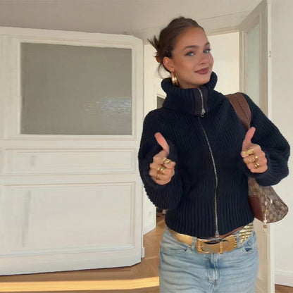 Women's cardigan with high collar and fashionable zipper NOVAE