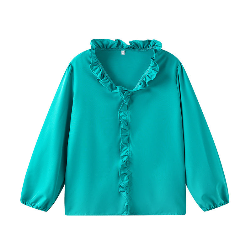 Women's blouse with ruffle details and elegant stand-up collar NOVAE