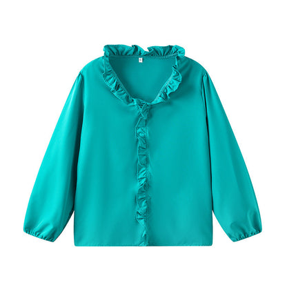 Women's blouse with ruffle details and elegant stand-up collar NOVAE