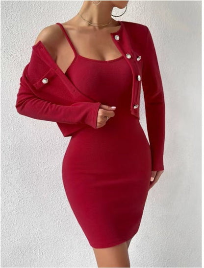 Women's elegant jumpsuit set with fitted jacket and shimmering buttons NOVAE