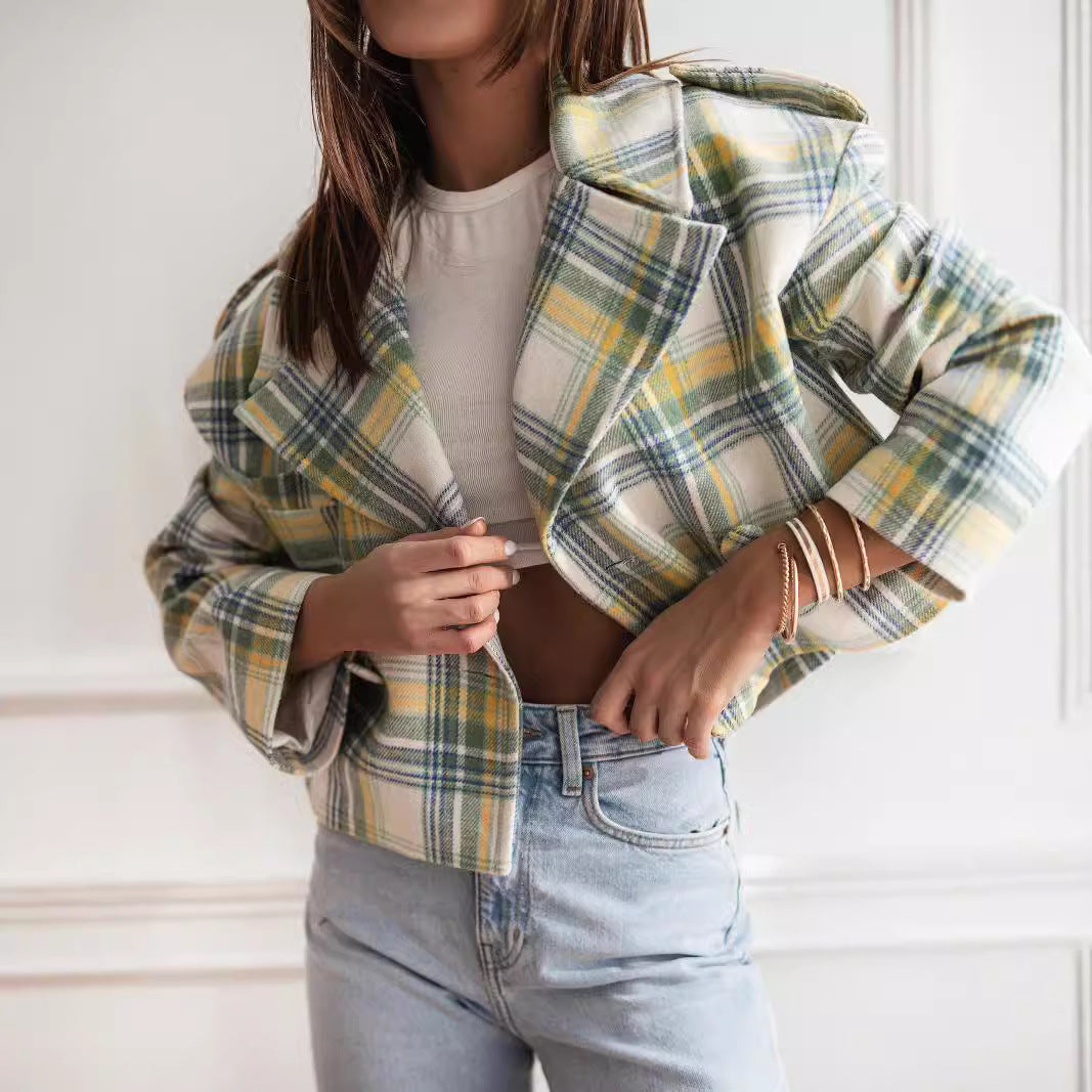 Women's short jacket with checkered pattern and soft fleece NOVAE