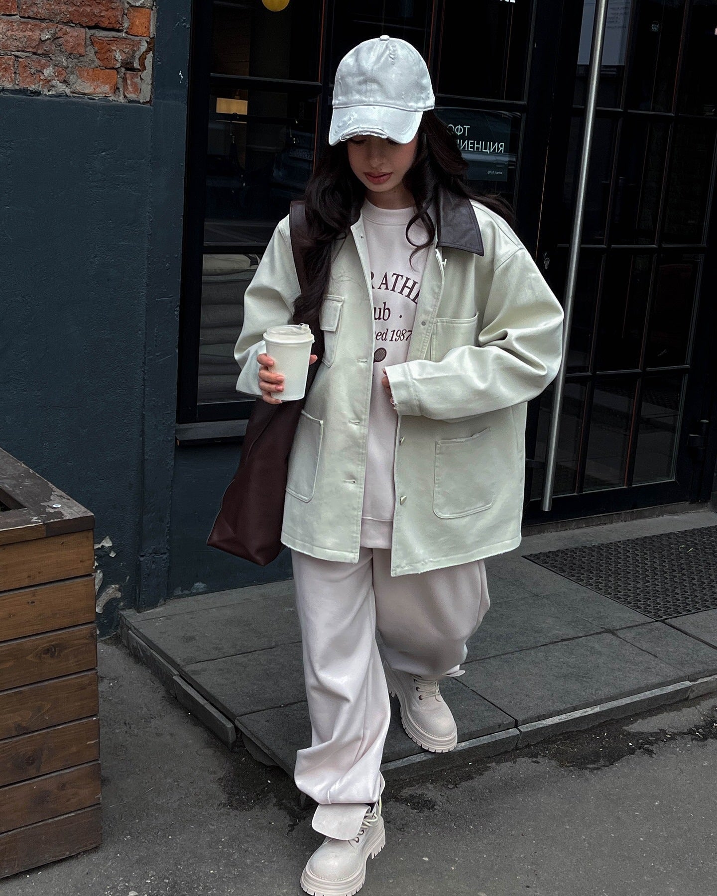 Women's casual oversized jacket with leather collar and practical pockets NOVAE