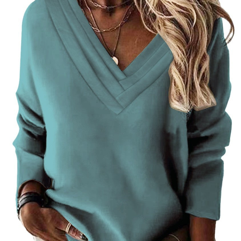 Women's V-neck sweatshirt with elegant pleated details NOVAE