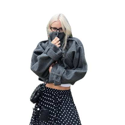 Women's Oversized Wool Jacket with High Collar and Practical Pockets NOVAE