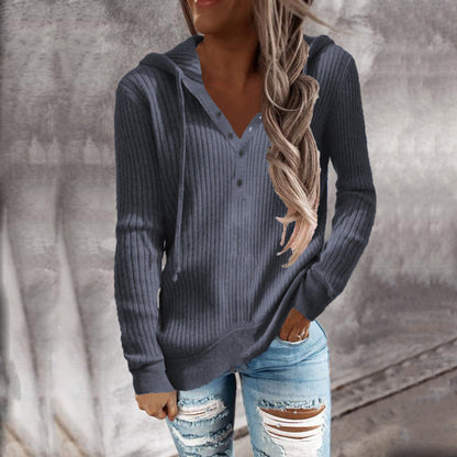 Women's casual hoodie with structured rib pattern and button placket NOVAE