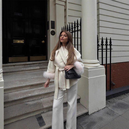 Women's elegant fleece jacket with detachable faux fur collar and belt NOVAE