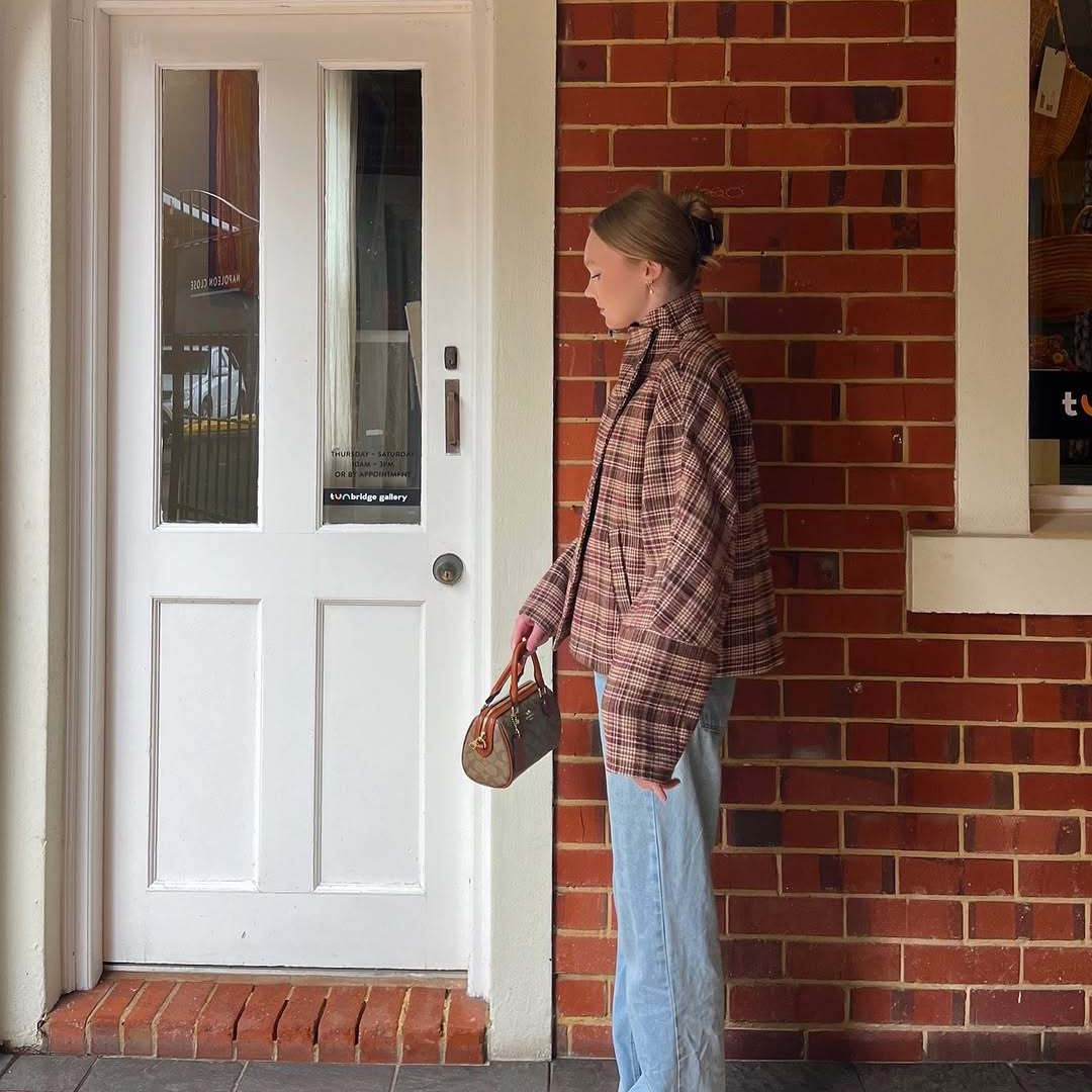 Women's Checkered Oversized Jacket with High Collar and Unique Button Placket NOVAE