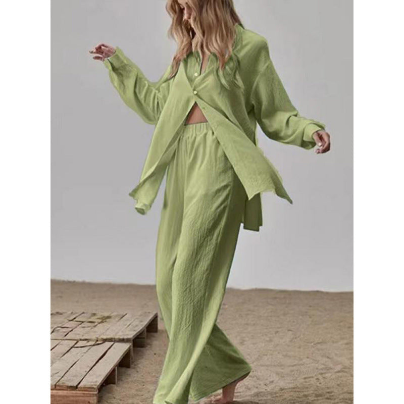 Women's Satin Pyjama Set with Long-Sleeved Blouse and Wide-Leg Trousers NOVAE