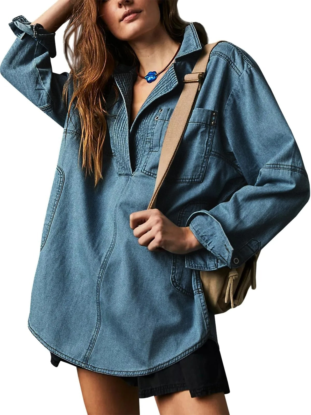 Women's denim shirt with detailed quilting and a relaxed fit NOVAE