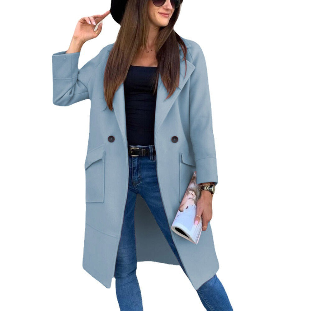 Women's elegant and versatile long jacket with practical pockets and button details NOVAE