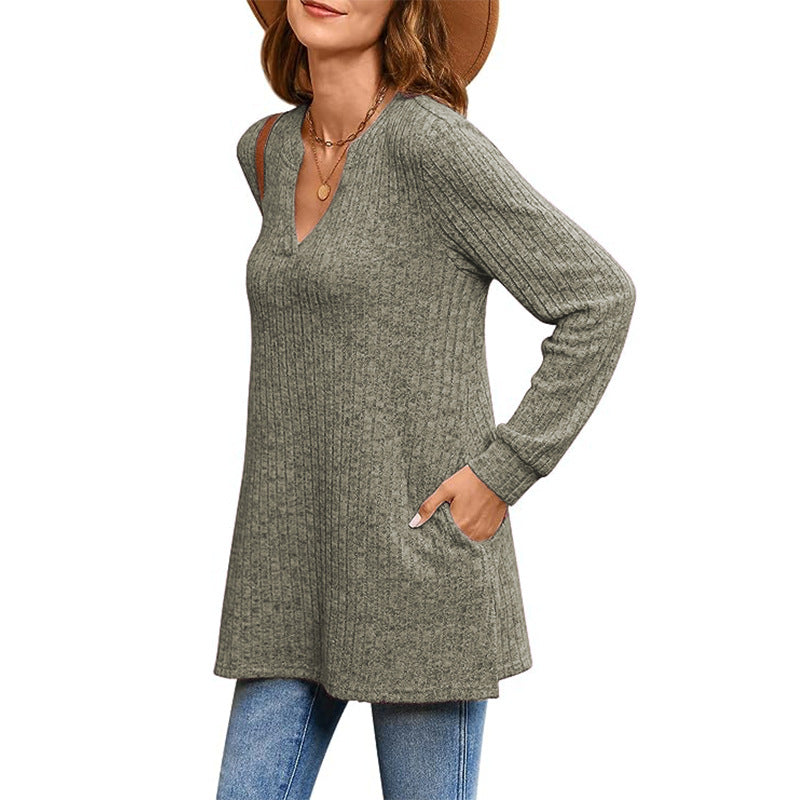 Women's Loose Knit Tunic with Side Pockets and V-Neck NOVAE