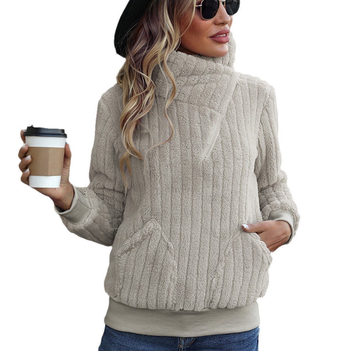 Women's plush sweater with high-closing collar and side pockets NOVAE