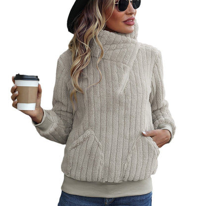 Women's plush sweater with high-closing collar and side pockets NOVAE