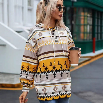 Women's hooded sweatshirt with creative color pattern and practical buttons NOVAE