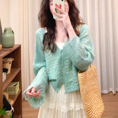 Women's airy knit cardigan with fine openwork pattern and wide cut NOVAE