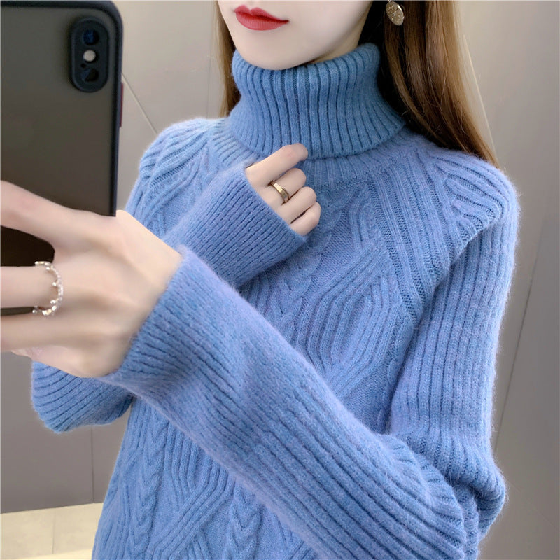 Women's knitted sweater with high collar and fine cable pattern NOVAE