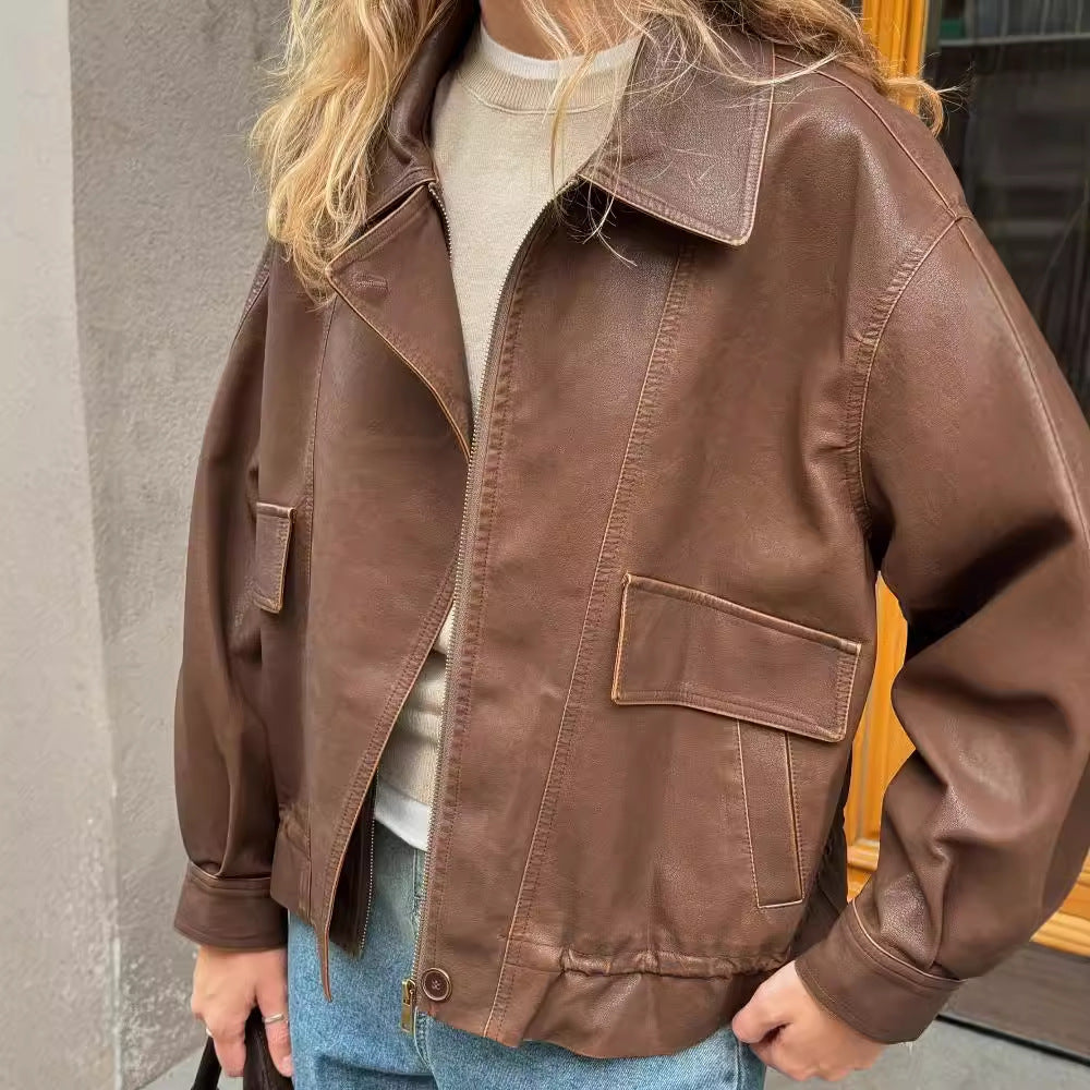 Women's fashionable leather jacket with oversized cut and practical pockets NOVAE