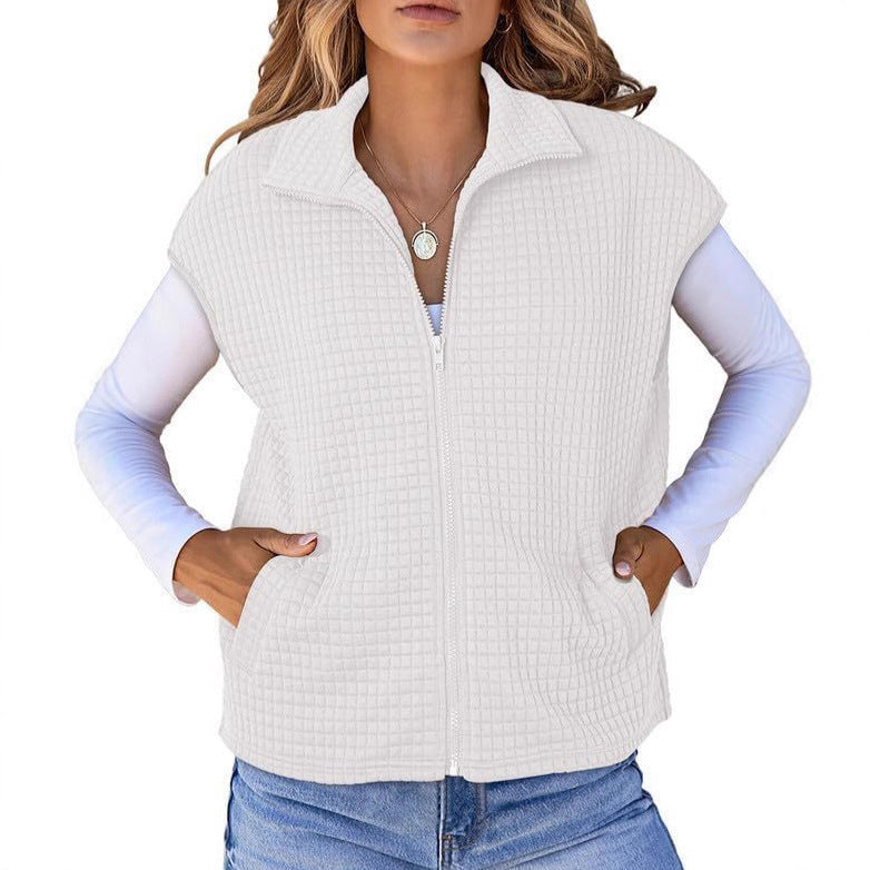 Women's Lightweight Waffle Knit Vest with Pockets and Stand-Up Collar NOVAE