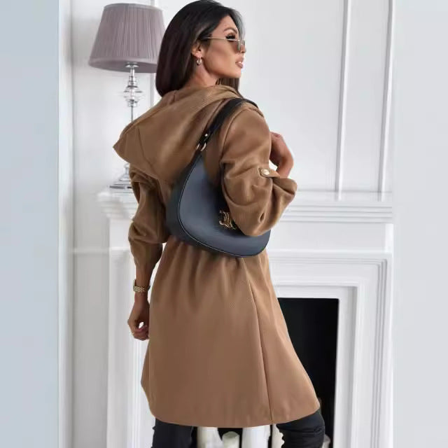 Women's hip-length fabric coat with hood and waist belt NOVAE