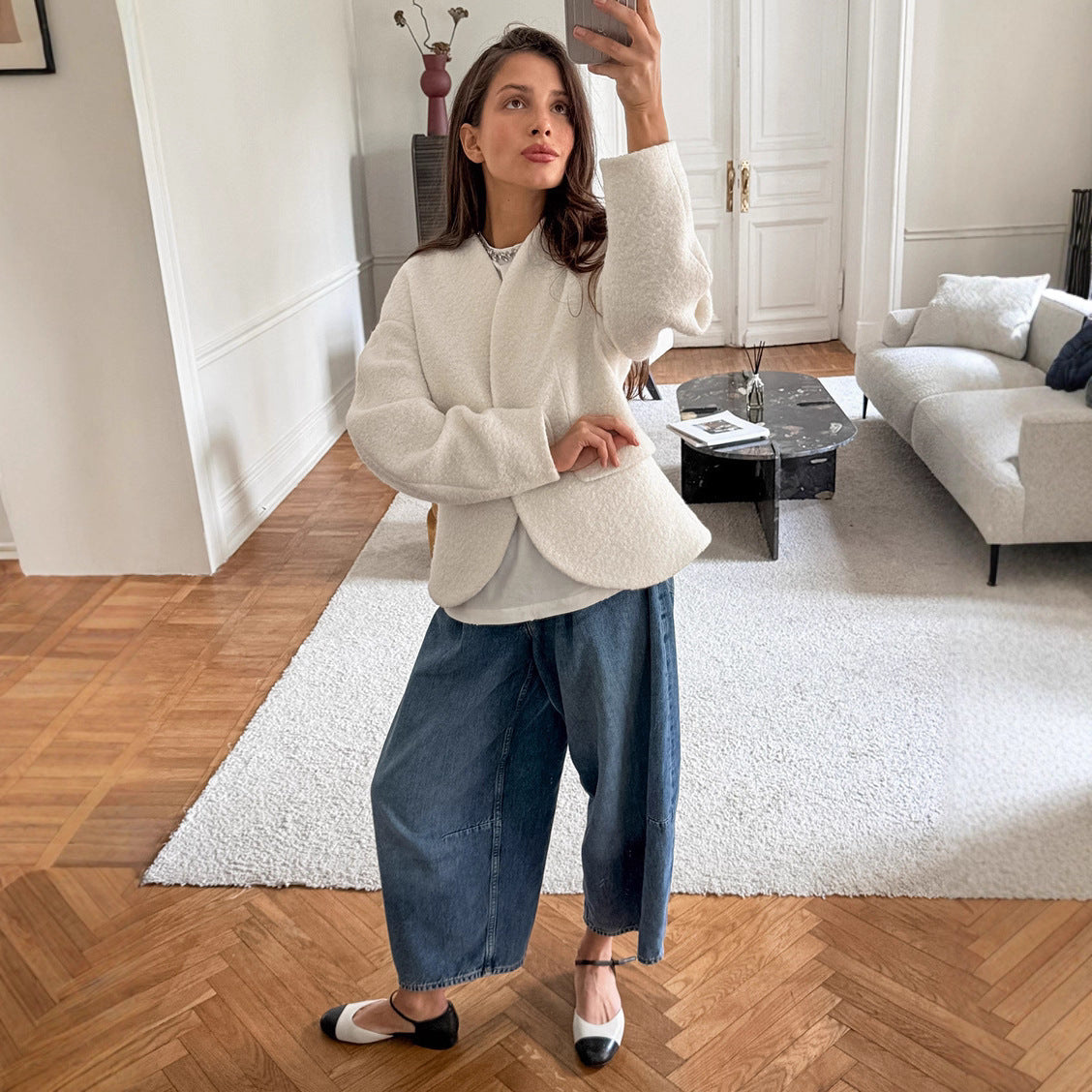 Women's elegant bouclé jacket with geometric cut and dropped sleeves NOVAE