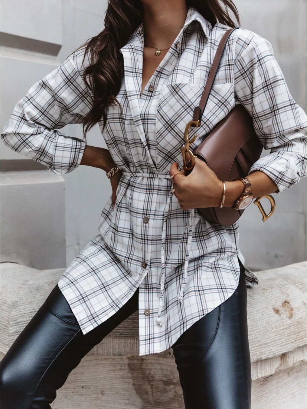 Women's long-sleeved shirt dress with adjustable belt and fashionable check design NOVAE