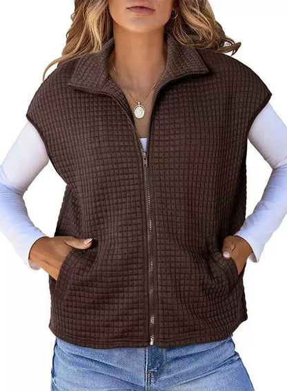 Women's Lightweight Waffle Knit Vest with Pockets and Stand-Up Collar NOVAE
