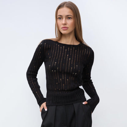 Women's elegant knit sweater with sophisticated openwork pattern and minimalist details NOVAE
