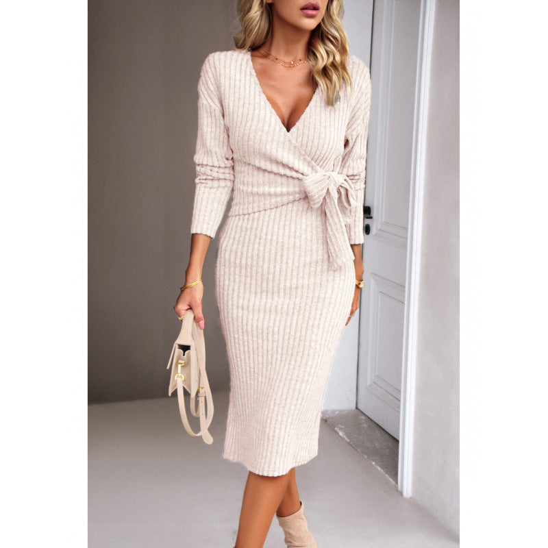 Women's wrap dress with deep V-neck and waist belt NOVAE