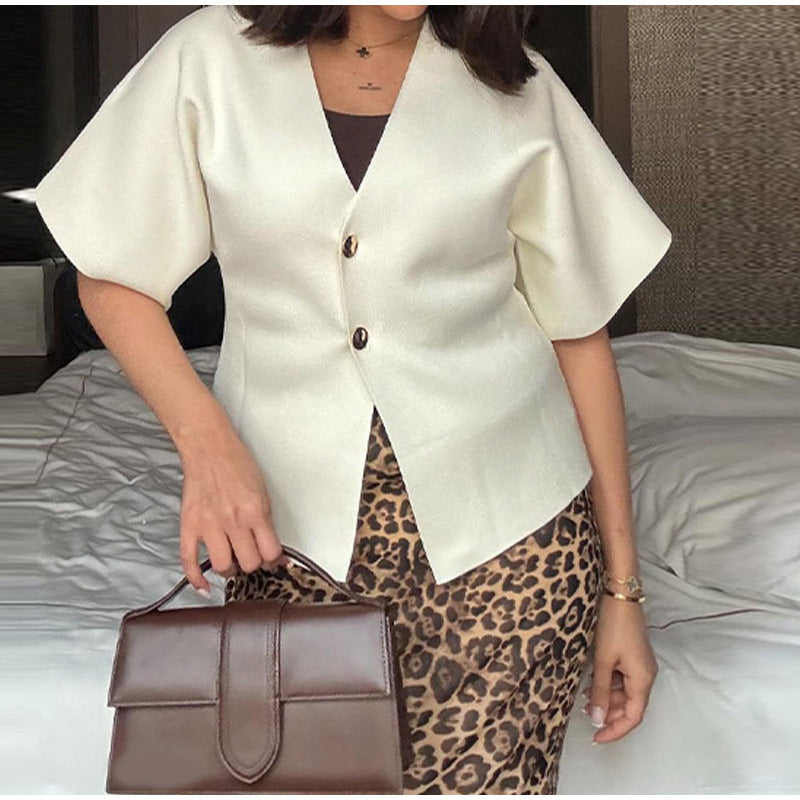 Women's fashionable blouse with V-neck and short sleeves NOVAE