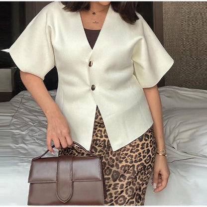 Women's fashionable blouse with V-neck and short sleeves NOVAE