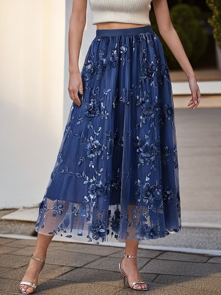 Women's Elegant Tulle Skirt with Floral Embroidery and Elastic Waistband NOVAE