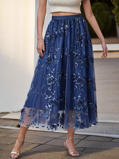Women's Elegant Tulle Skirt with Floral Embroidery and Elastic Waistband NOVAE