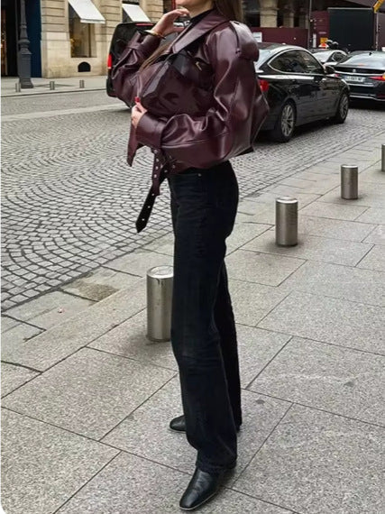 Women's Trendy Oversized Leather Jacket with Structured Shoulder Pads and Waist Belt NOVAE