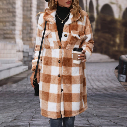 Women's plush winter jacket with checkered design and practical pockets NOVAE