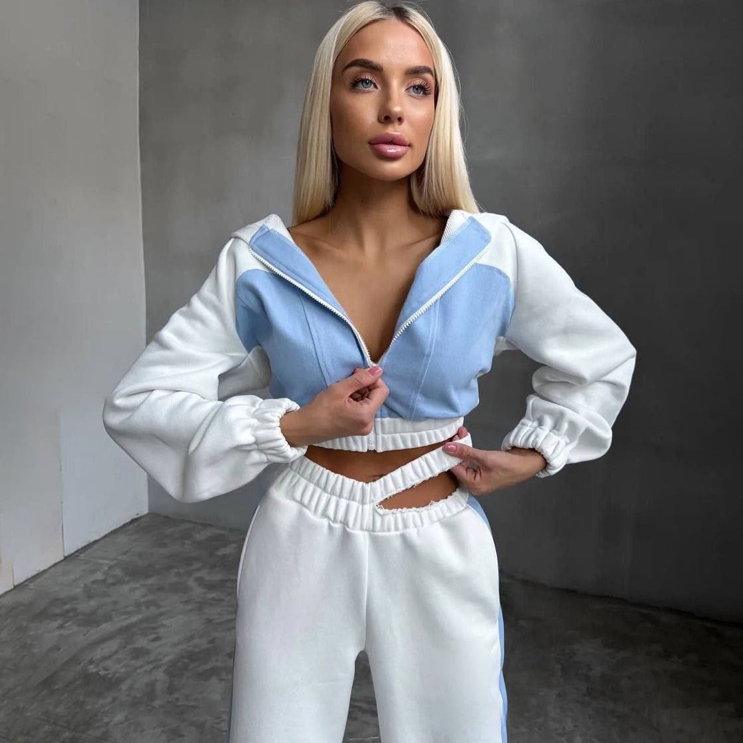 Women's cropped hooded jacket with innovative zipper and elasticated waistband NOVAE