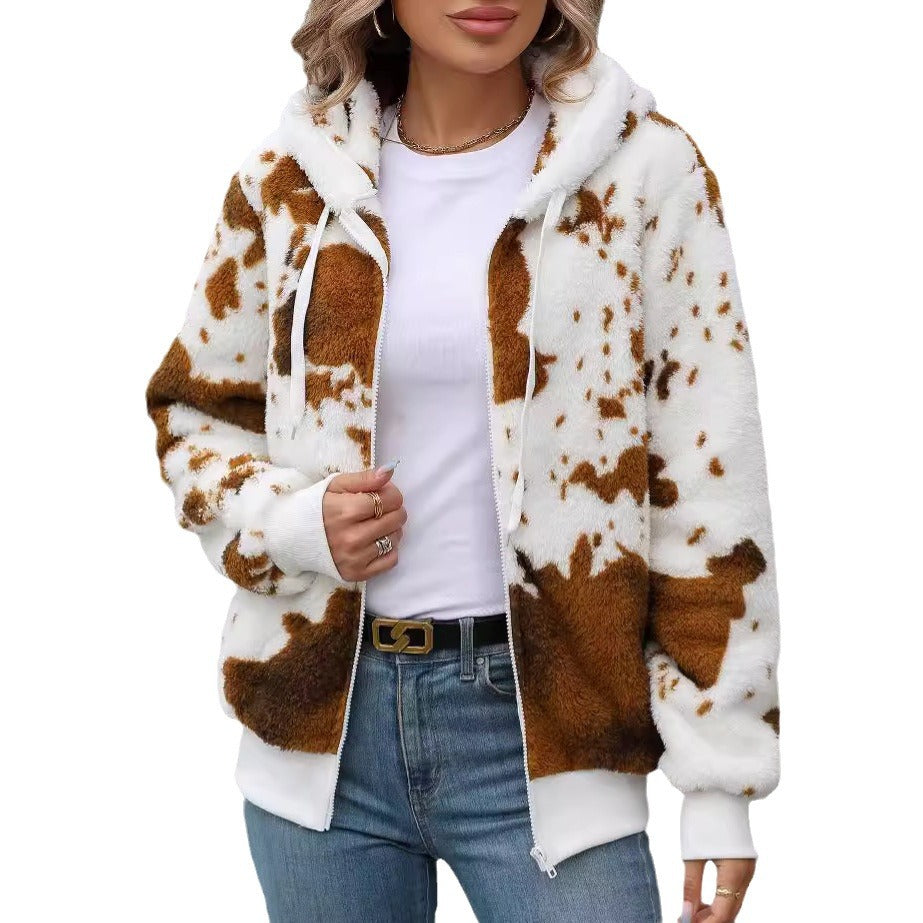 Women's plush jacket with animal print and practical pockets NOVAE