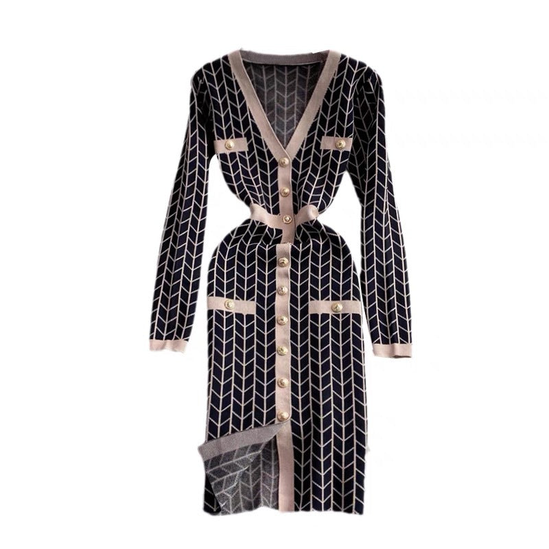 Women's knitted dress with button detailing and V-neck NOVAE