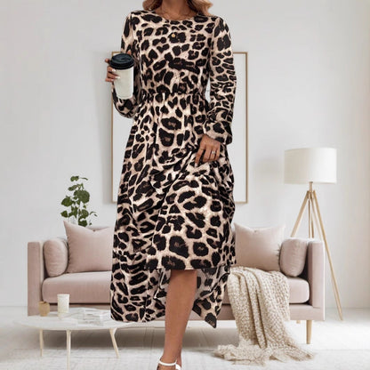 Women's Elegant Long-Sleeve Maxi Dress with Modern Animal Print and Asymmetrical Hem NOVAE