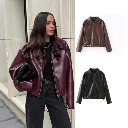 Women's elegant faux leather jacket in a modern design with a practical zipper NOVAE