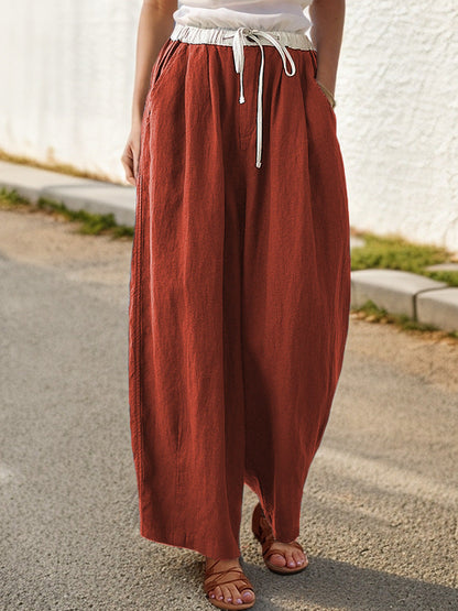 Women's wide-leg linen trousers with elasticated waistband and stylish drawstring NOVAE