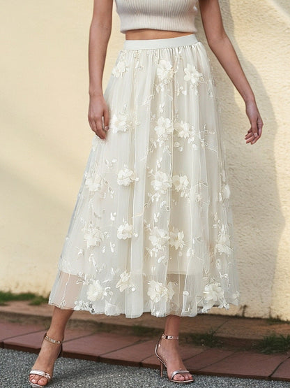 Women's Elegant Tulle Skirt with Floral Embroidery and Elastic Waistband NOVAE