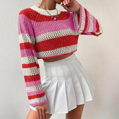 Women's knitted sweater with playful openwork pattern and colorful stripes NOVAE