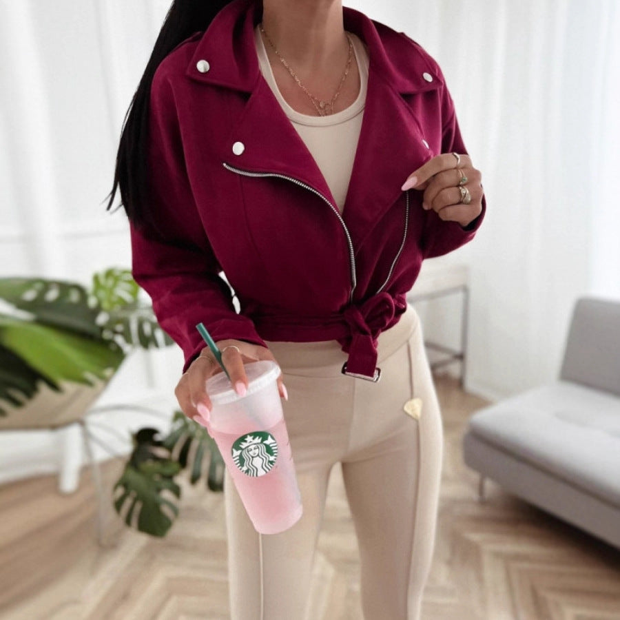 Women's biker jacket made of high-quality imitation suede with a tailored cut and side zippers NOVAE