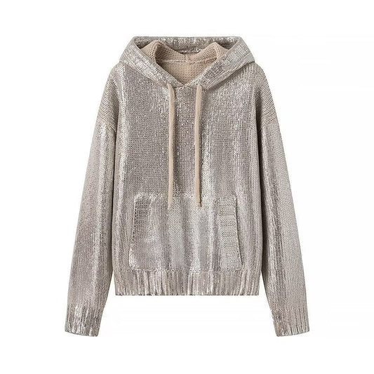 Women's fashionable glitter hoodie with kangaroo pocket and elastic waistband NOVAE