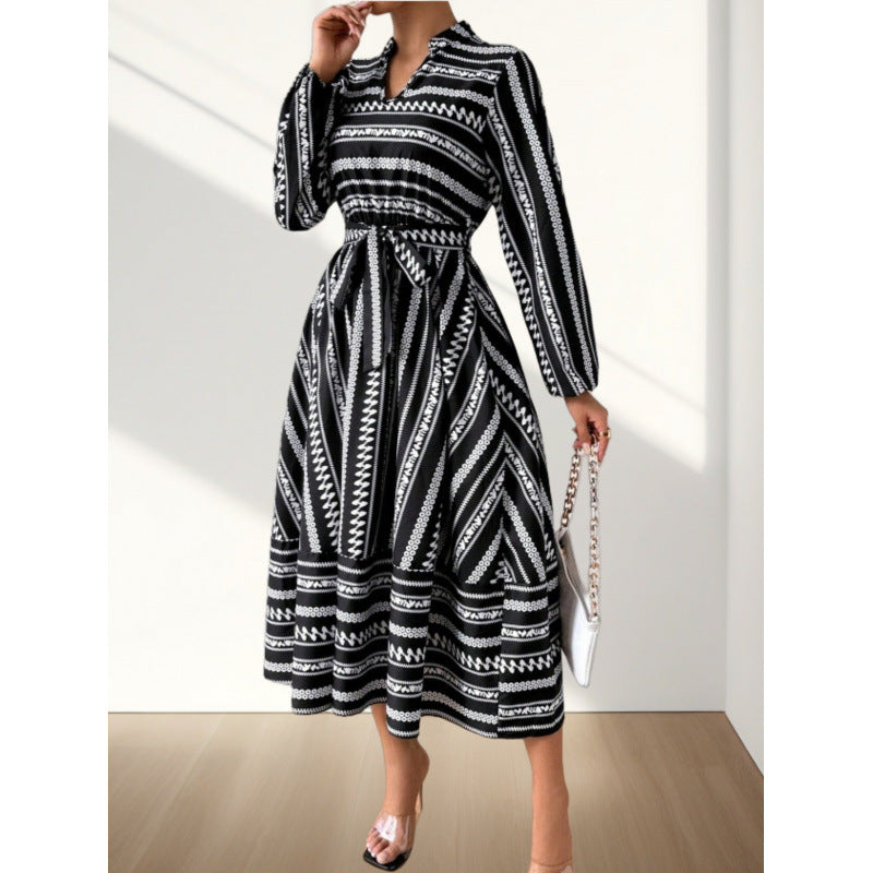 Women's maxi dress with a modern geometric pattern and a beautiful waist belt NOVAE