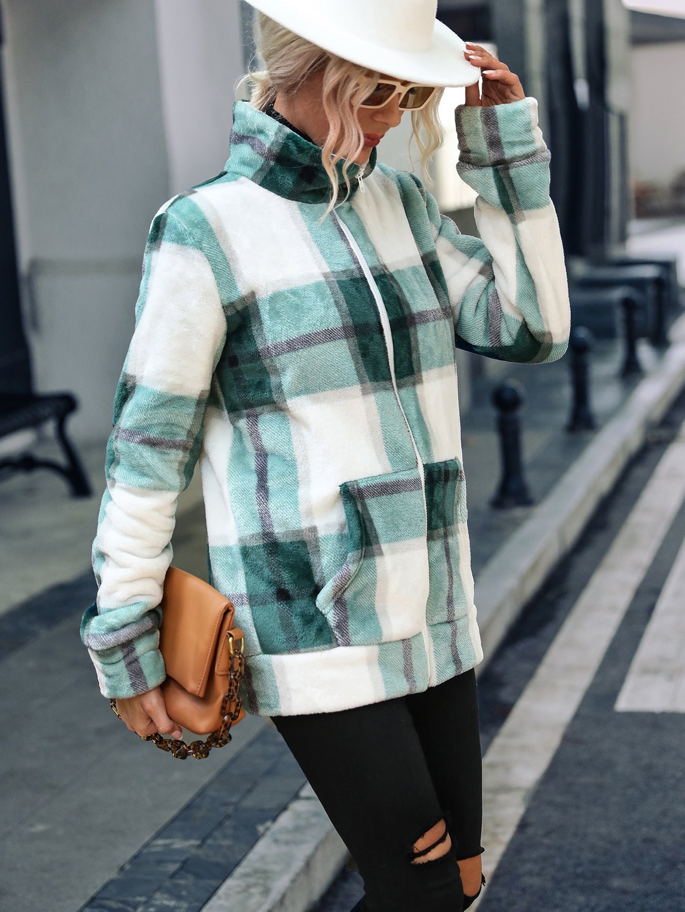 Women's fleece jacket with modern check pattern and high collar NOVAE