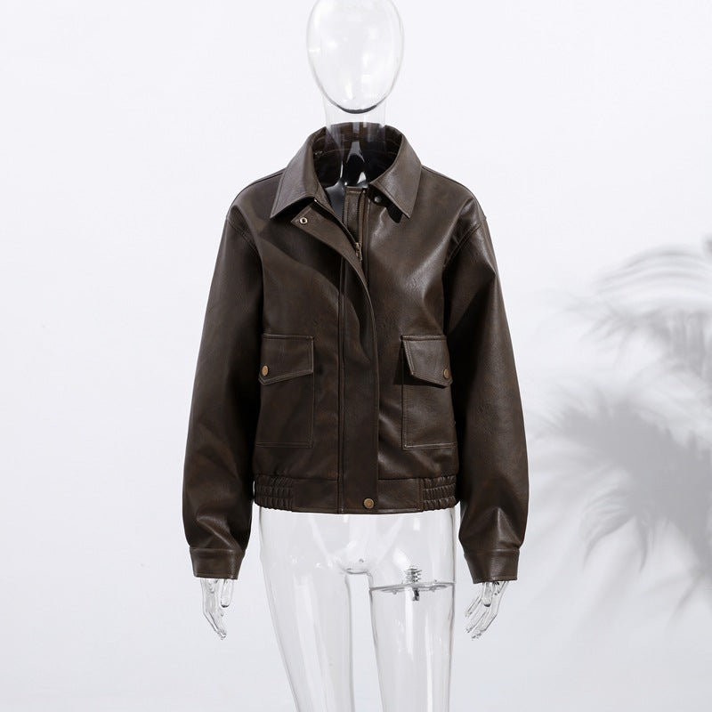 Women's Casual Faux Leather Jacket with Practical Pockets and Elasticated Hem NOVAE