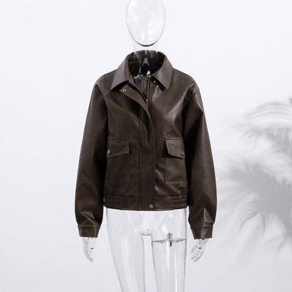 Women's Casual Faux Leather Jacket with Practical Pockets and Elasticated Hem NOVAE